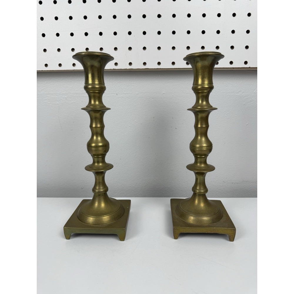 Vtg Mid Century Brass Candlesticks Pair 9.5" Traditional Farmhouse Colonial